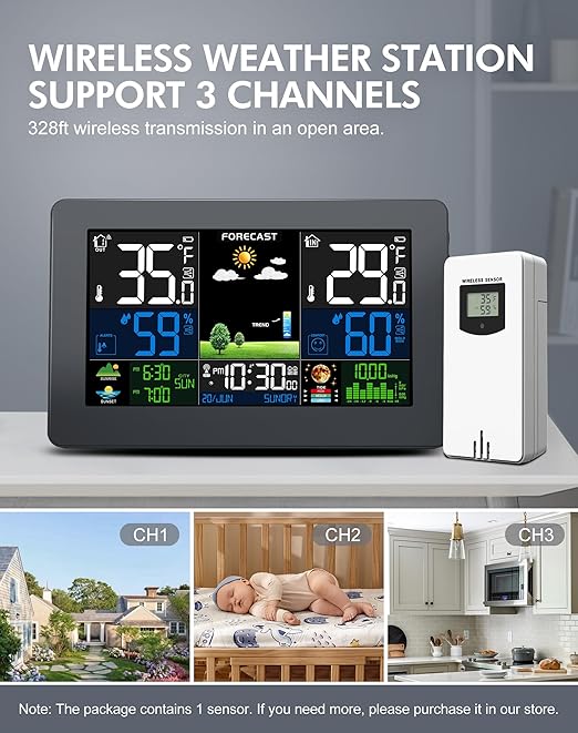 Weather Station Wireless Indoor Outdoor, Digital Thermometer with Remote Sensor, Black