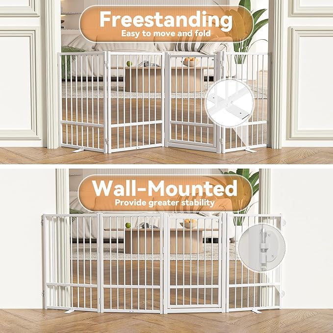 Full Metal Freestanding Dog Gate with Door, 32''Height Foldable Pet Dog Fence for Indoor & Outdoor, 4 Panels Extra Wide Free Standing TallDog Gates for Doorways,House,Stairs,Porch,Deck,Yard
