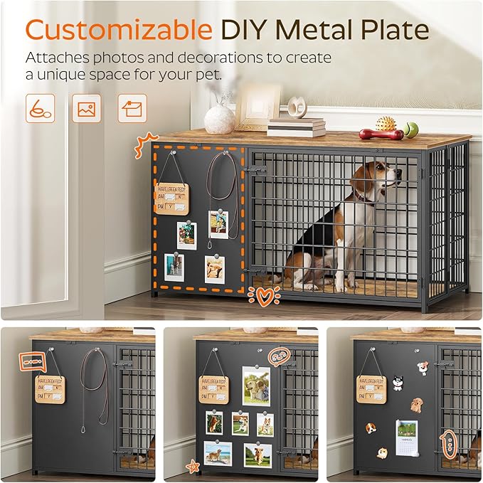 Foldable Dog Crate Furniture, 47.2" Dog Crate with DIY Frame, Heavy Duty Dog Kennel Indoor with Hooks, Wooden Dog Cage End Table, for Small/Medium/Large Dogs, Rustic Brown DC120BR