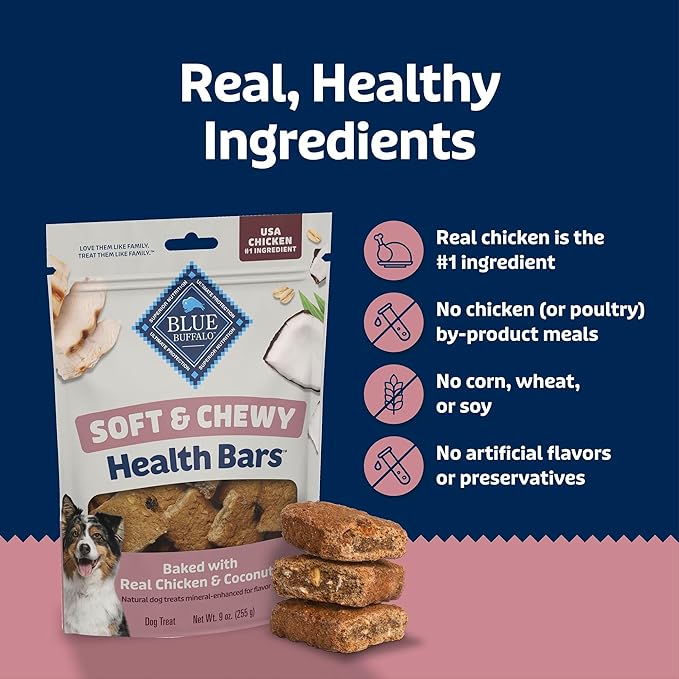 Blue Buffalo Soft & Chewy Health Bars, Baked with Real Chicken & Coconut, Natural Dog Treats Mineral-Enhanced for Flavor, 9 oz. Bag