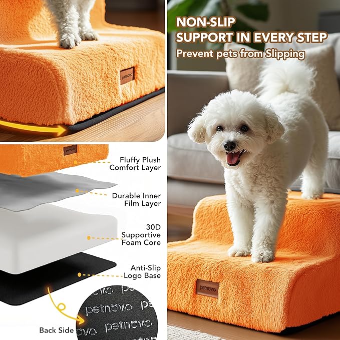 PETNOVO Ultra-Soft Rabbit Fur-Like Dog Stairs for Couch/Bed, Luxury Comfort 3-Step for Small & Senior Dogs, Non-Slip, Removable Washable Cover, Oeko-TEX Certified, 22.4" D x 15.7" W x 15.7" H, Orange