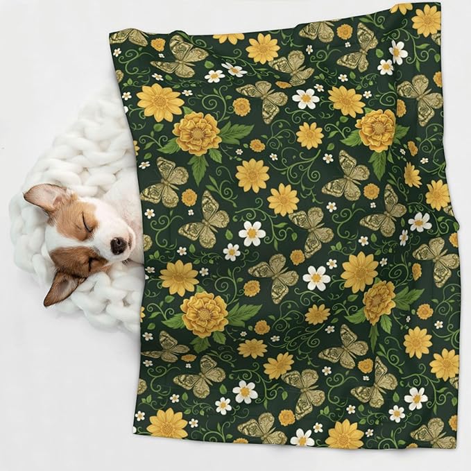 Double Sided Plush Pet Blanket for Small Large Animals, Gold Flowers with Butterfly, Reversible Throw with Dimpled Dot Side and Flat Side for Kennels Living Rooms