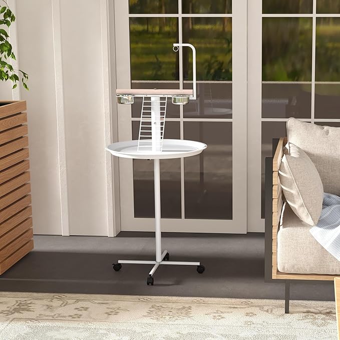 PawHut Bird Stand, Parrot Stand with Wheels, Perches, Stainless Steel Feed Bowls, Round Tray, Bird Play Stand for Indoor Outdoor, White