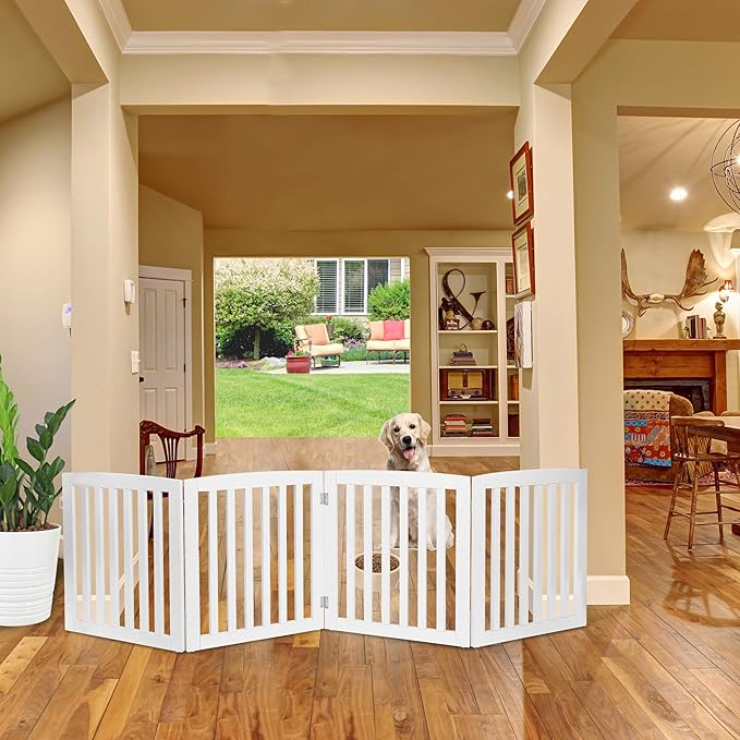 ZENY 24 Inch Pet Dog Gate, Foldable Freestanding Dog Door 4 Panel, White Wooden Z Shape Step Over Pet Fence for Entryway, Stairs, Doorway, White