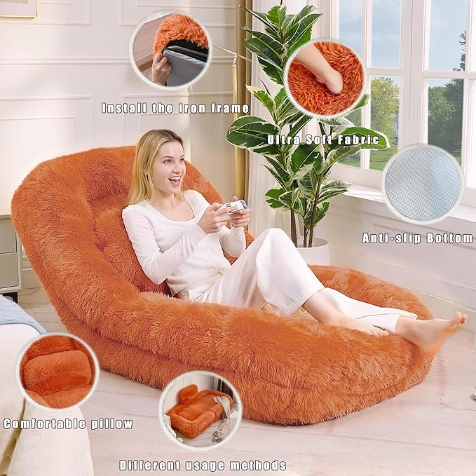 Human Dog Bed for Adult and Kids, Comfy Foldable Lazy Floor Sofa Bed with 5 Adjustable Position, Orange Upholstered Floor Bean Bag Lounger Chair for Bedroom, Living Room,Office (Orange)