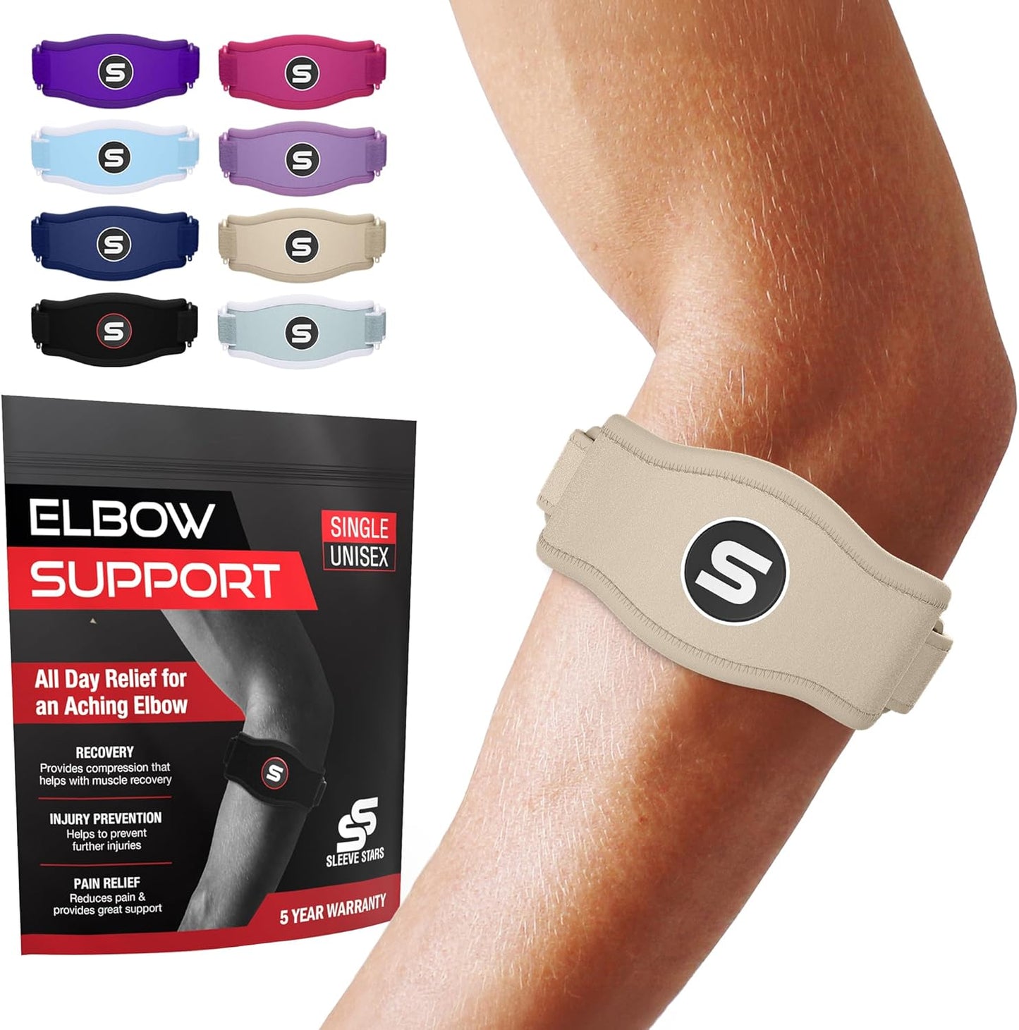 Sleeve Stars Tennis Elbow Brace for Men & Women, Tendonitis Elbow Brace & Strap Golfers Elbow Brace Counterforce Band for Tendon Pain Relief & Support for Forearm w/ 3 Straps Fits 9-23" (Single) (2, Beige, One Size)