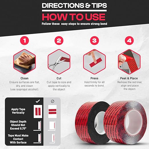 GripBond Black Super Bond Heavy Duty Double Sided Tape, 4 Rolls (10 Ft), 1.2” x 120” – Waterproof Adhesive Mounting Tape for Indoor/Outdoor, Walls, Automotive, Car, LED Strip Lights, Home, Office
