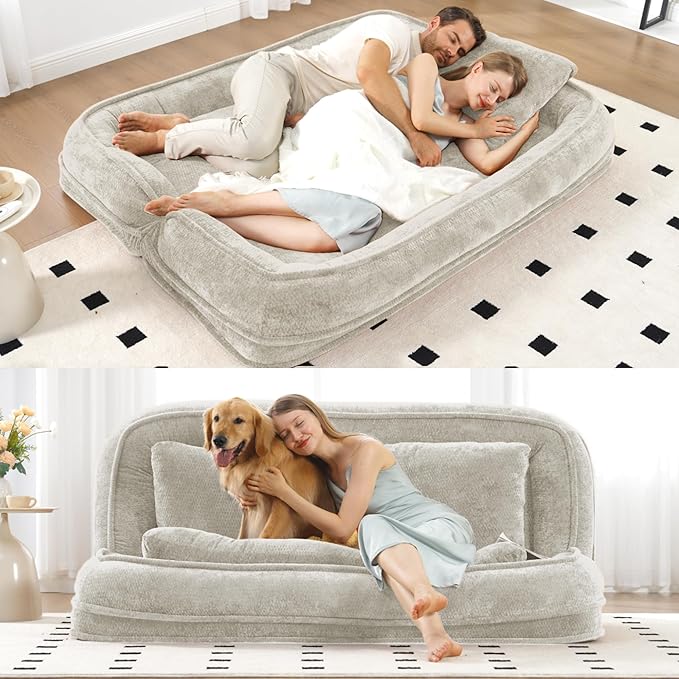 Double Human Dog Bed for Adult and Kids, Comfy Foldable Lazy Floor Loveseat Sofa Bed with 5 Adjustable Position, Upholstered Floor Bean Bag Lounger Chair for Bedroom, Living Room,Office (Beige)