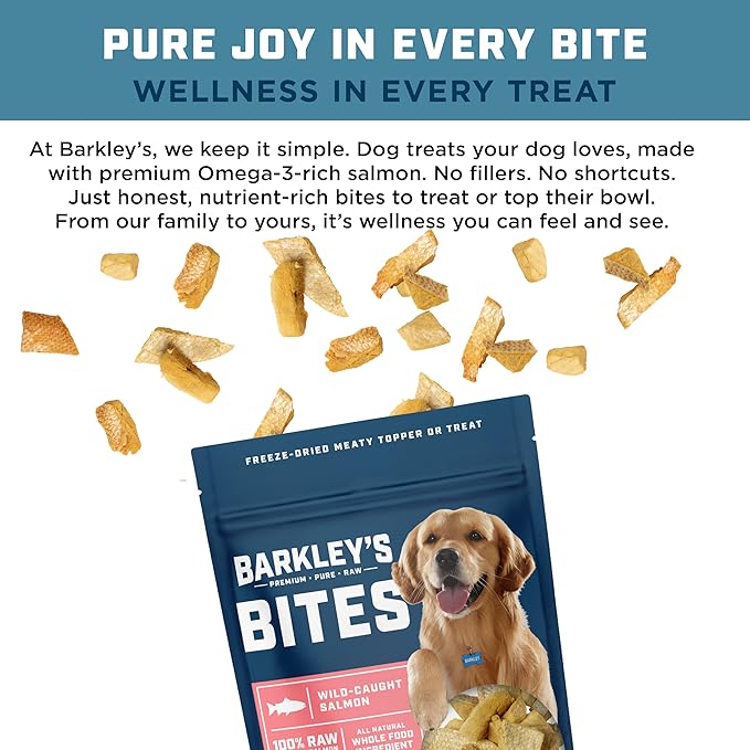 Barkley’s Bag Salmon Bites, Freeze Dried Dog Treats and Food Topper, Made with Wild-Caught Salmon, Bite-Sized Whole Pieces for Training Rewards, for All Dog Breeds, Ages & Sizes, 4 Oz Bag (3 Pack)