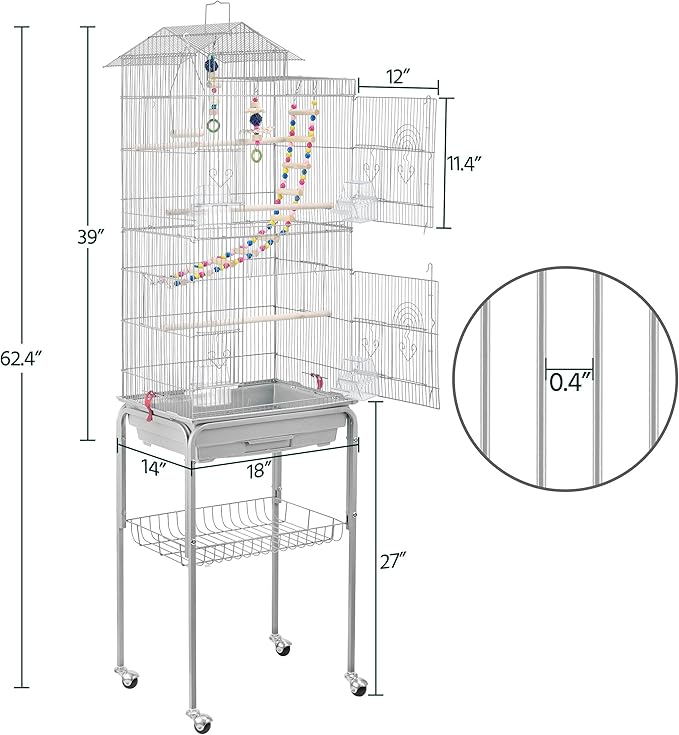 Yaheetech Metal Roof Top Bird Cage Wrought Rolling Birdcage w/Detachable Stand for Medium Small Parrots Parakeets Budgies Cockatiels