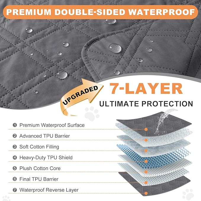 100% Waterproof Dog Couch Protector, Triple-Layer Waterproof Dog Bed Cover Pet Blanket Reversible 2-Tone Sofa Shield, Non-Slip Furniture Guard for Pets(30×71 Inch, Gray+Gray)