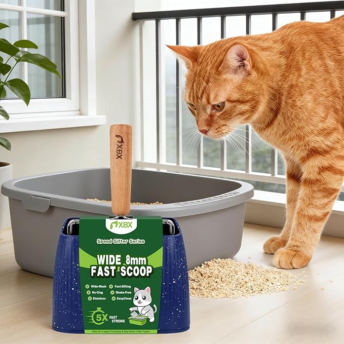 XBX Cat Litter Scoop with Holder, Sturdy Stainless Steel Litter Scooper, Wide Gap Litter Shovel with Beech Wood Handle for Easy Daily Litter Box Cleaning