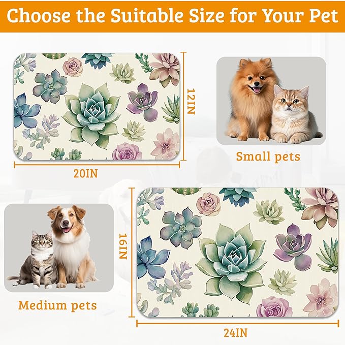 Dog Bowl Mat,Cactus Pet Feeding Mat for Floors Waterproof,Succulents Absorbent Dogs Placemat for Food and Water Quick Dry Pet Cat Feeding Mats with Non Slip Bottom 12" x 20"
