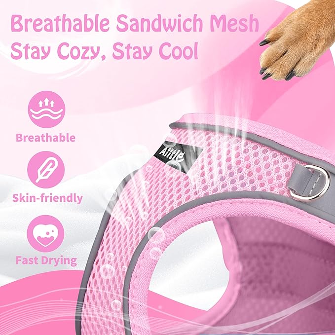 AIITLE Step in Dog Harness and Leash Set - No Pull Escape Proof Vest Harnesses with Soft Mesh and Reflective Bands, Adjustable Pet Outdoor Harnesses for Small and Medium Dogs Pink M