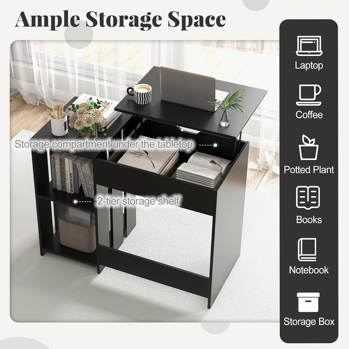 Tangkula Computer Desk with Lift Top, Space Saving Standing Desk with Hidden Compartment and Open Storage Shelves, Study Writing Desk with Lifting Mechanism, Black