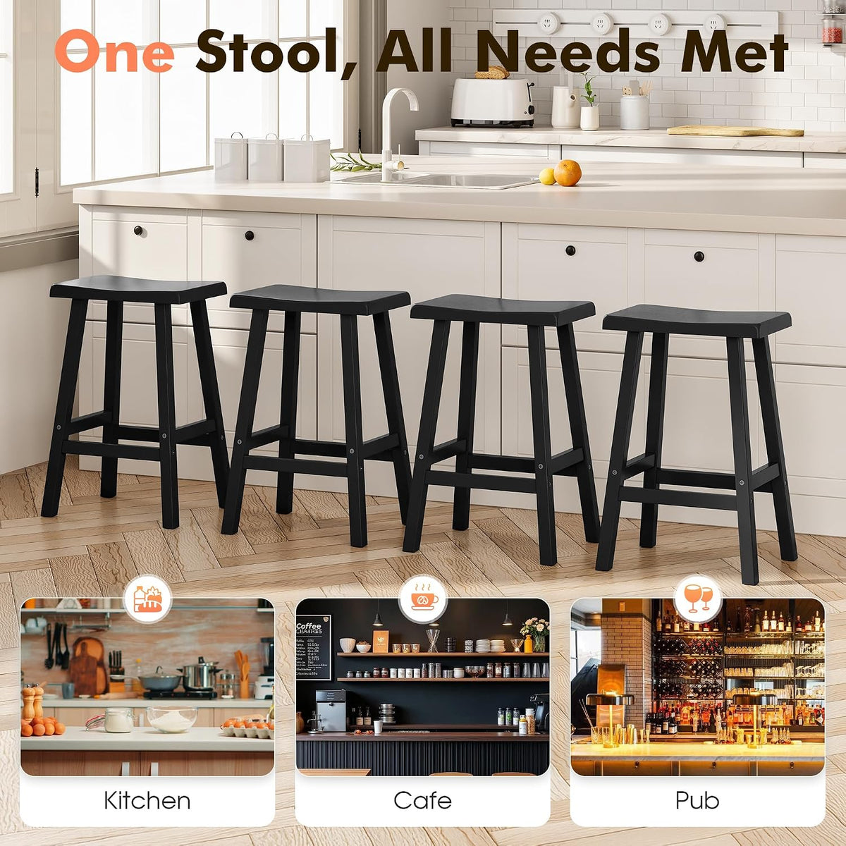 KAMABOKO 4 Set 24" HDPE Bar Stools Set Outdoor, Durable Resin Bar Chairs with Footrest, Weatherproof & Ergonomic Barstools for Patio, Deck & Poolside, Black