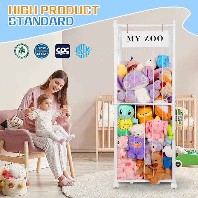 Stuffed Animal Storage Zoo with Wheels, Wooden Stuffed Animal Organizer with Elastic Cords, Space Saving Toy Plushies Storage Holder for Playroom, Bedroom, Living Room(White, Large)