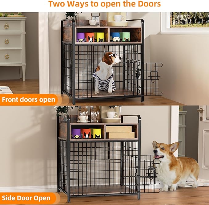 Small Dog Crate Furniture with Drawers Storage, Puppy Dog Kennel Indoor with Double Doors, Heavy Duty Wooden Dog Cage Table, Sturdy Metal, Rustic Brown