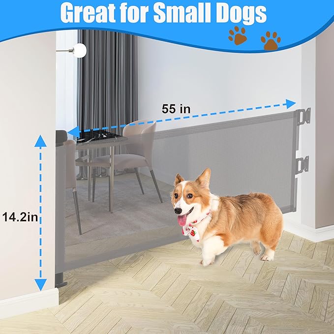 14" H Short Dog Gate Pet Gates Puppy Gate 59" Wide Step Over Pet Fence, Mesh Retractable Indoor Outdoor Expands Up to 59 Inches Small Dog Gates for Doorways Stairs(Gray)
