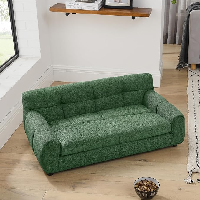 38" Pet Sofa Couch for Small and Medium Dogs, Soft Foam Cushion Dog Couch with Backrest & Armrests, Short Leg Stable Design, Durable Linen Fabric Pet Bed, Modern Style