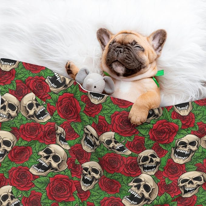 Double Sided Pet Mat for Dog Bed Topper Cat Blanket Furniture Protector, Floral Rose Flowers Day of The Dead Sugar Skulls, Reversible Plush with Tactile Dot Pattern for Style Change