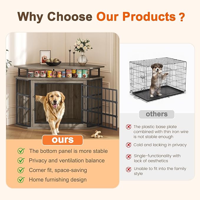 Corner Dog Crate Furniture with 2-Tier Shelves，51" Large Dog Kennel Indoor Wooden TV Stand, Modern Dog Cage Decorative Pet House