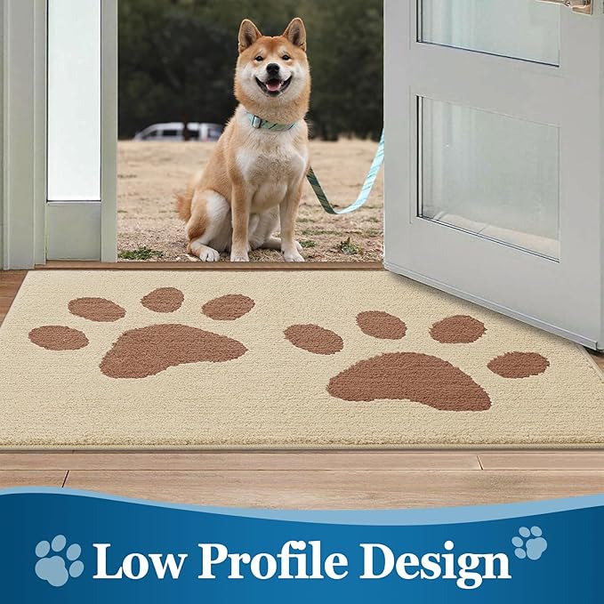 Buganda Dog Door Mat for Muddy Paws, Absorbent Dirt Trapper Washable Indoor Doormats, Non Slip Low-Profile Mud Mat for Dogs, Front Entrance Doormat for Inside Floor (36x24 Inches, Light Beige)