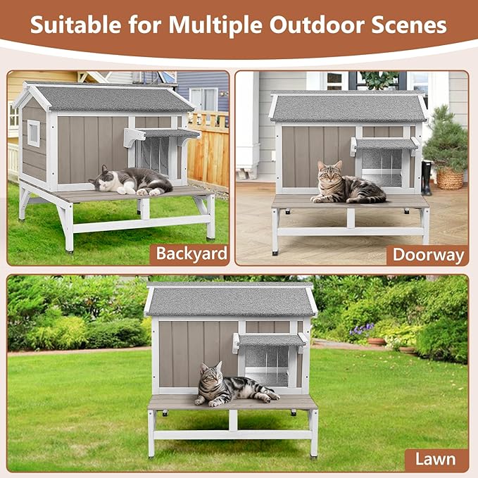 Small Insulated Cat House Weatherproof, Wooden Feral Cat House Outdoor with Cat Scratching Cloth, Balcony, Internal Dividers, Outside Indoor Cats Shelter with PVC Curtain Door, Openable Roof, Grey