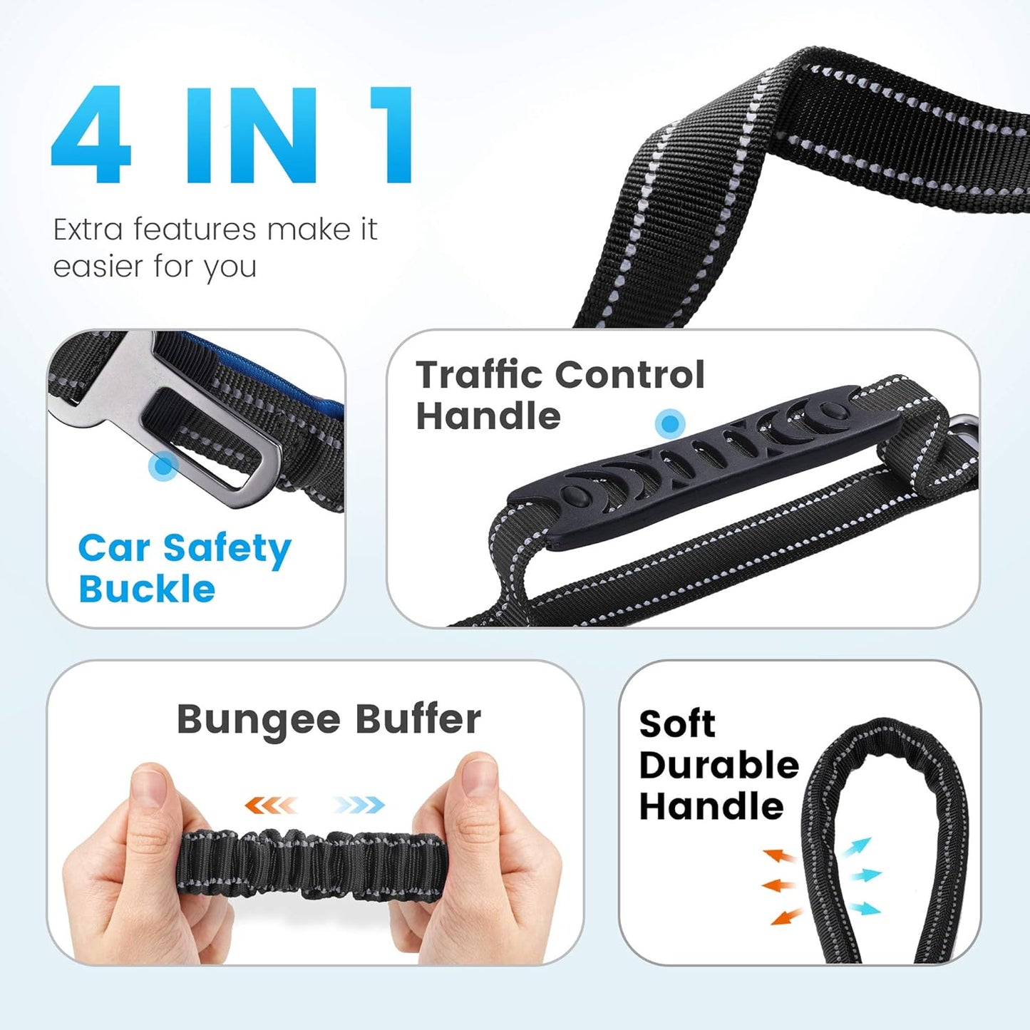 IOKHEIRA 6Ft /4Ft Dog Leash Rope for Large Dogs, Heavy Duty with Comfortable Padded Handle and Highly Reflective Threads,4-in-1 Multifunctional Dog Leashes with Car Seat Belt for Training (Black)