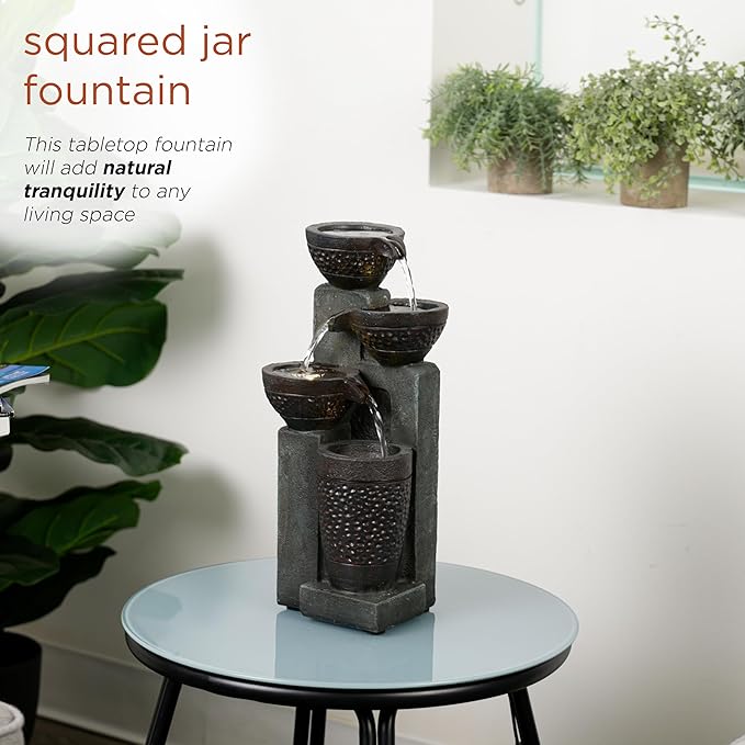 Alpine Corporation TZL412 14" Stoned Jar Cascading Water Fountain with LED Lights – Elegant Tabletop Water Feature for Home, Office, Living Room, Bedroom, and Desk Décor, Gray