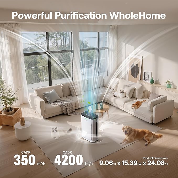 Pet Air Purifier Large Home 4200 sq ft, Suck up Floating Cat Dog Hair Dander, 7-Stage H13 HEPA Anion Activated Carbon Filter, Air Purifiers with APP for Odor Allergies Smoke Dust, Zero Ozone, P339