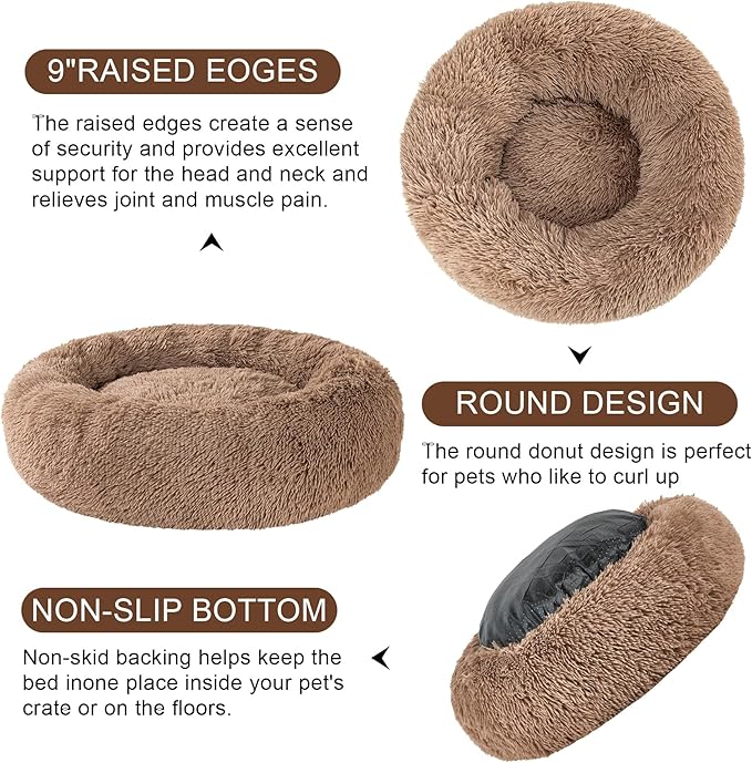 Dog Calming Beds for Small Medium Large Dogs - Round Donut Washable Puppy Dog Bed, Anti-Slip Faux Fur Fluffy Donut Cuddle Anxiety Cat Pet Bed(16'' Khaki