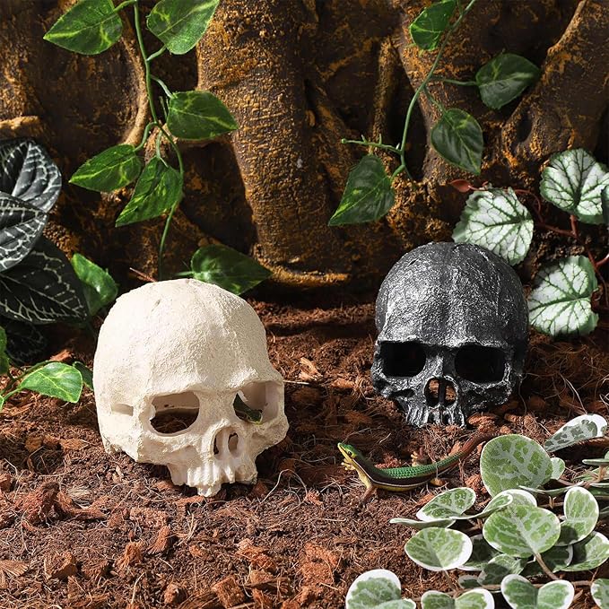 Resin Reptile Hideout for Tank Realistic Skull Decor for Terrarium Black Decorative Skeleton Head Hides and Caves for Fish Ball Python Axolotl Tarantula
