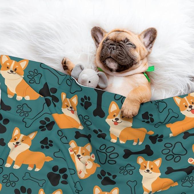 Corgi Throw Blanket - Paw Print Blanket for Dog Cat Blue Pet Blankets 23x16 for Couch Sofa Bed