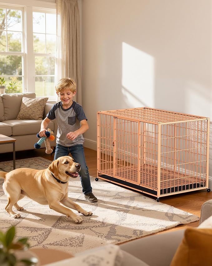 48 Inch Large Dog Crate, Escape Proof Dog Cage with Dual Door Lock and Swivel Casters,Removable Tray for Easy Cleaning, Dog Kennel Indoor Outdoor Use