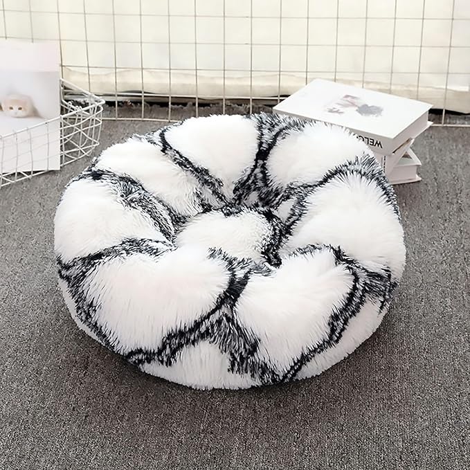 Calming Dog Bed for Small Dogs, Calming Donut Cuddler Pet Bed Anti Anxiety Round Dog Bed Fluffy Plush Faux Fur Cat Bed,Black+White,27.5IN