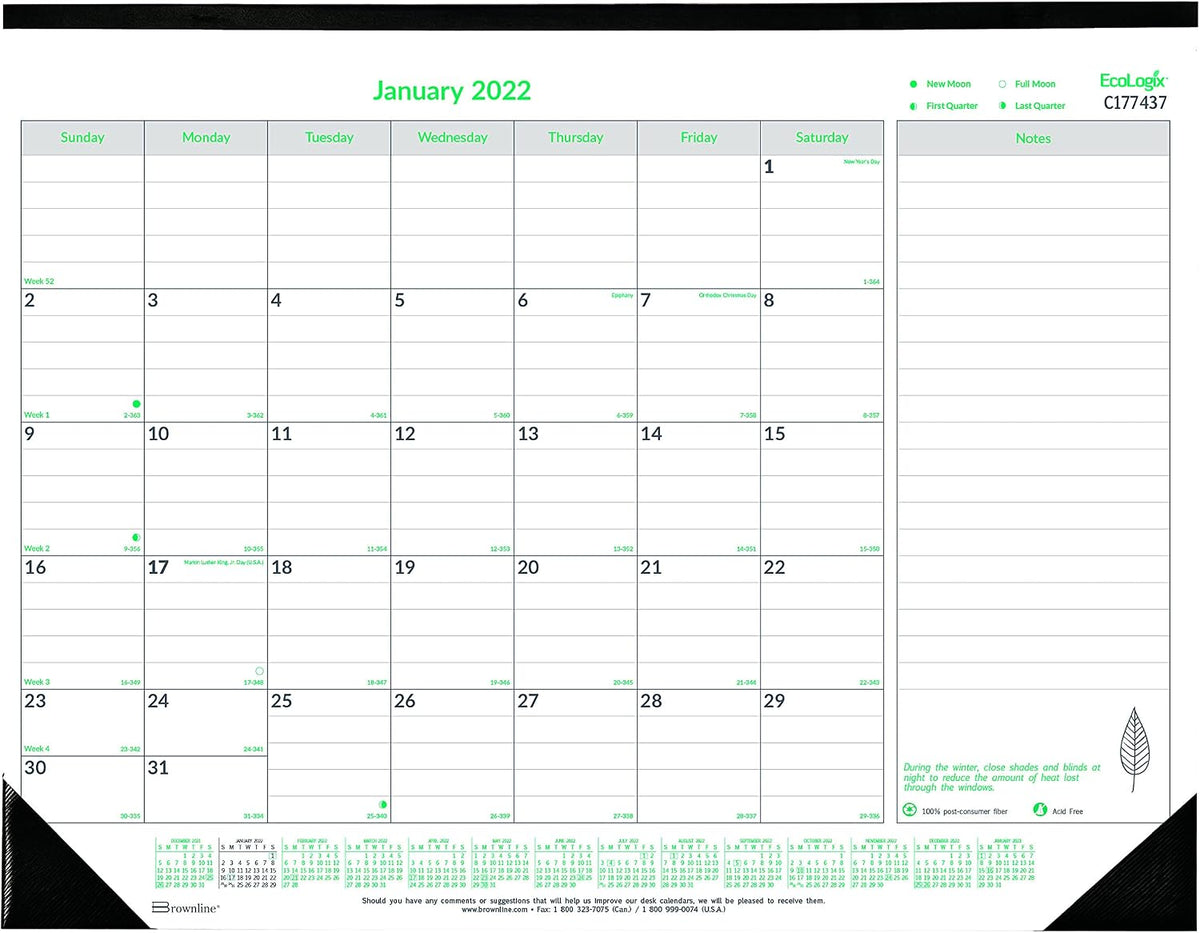 Brownline 2022 EcoLogix Monthly Desk Pad Calendar, 12 Months, January to December, 22" x 17", Recycled (C177437-22)
