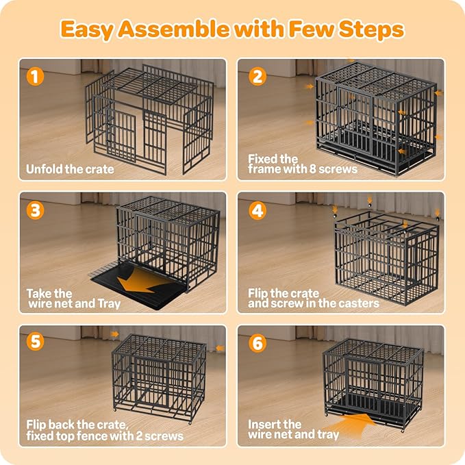 48 Inch Heavy Duty Dog Crate, Indestructible Escape-Proof Dog Kennel for High Anxiety Large Dogs, Strong Metal Pet Cage with Double Doors, Lockable Wheels & Removable Tray, XL XXL XXXL