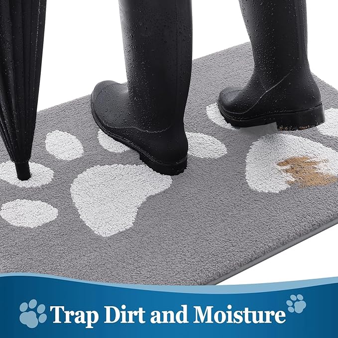 Buganda Dog Door Mat for Muddy Paws, Absorbent Dirt Trapper Washable Indoor Doormats, Non Slip Low-Profile Mud Mat for Dogs, Front Entrance Doormat for Inside Floor (59x35 Inches, Light Grey)