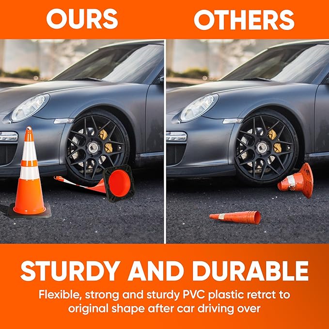 Pyle 28-Inch Safety Traffic Cones, 10-Pack Orange Parking Cones with Reflective Collars, Stackable PVC Construction for Roadwork, Sports Training & Events, Solid High-Density Base for Stability