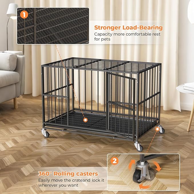 42 Inch Heavy Duty Dog Crate Steel Escape Proof,Indoor Double Door High Anxiety Cage, Removable Tray, Kennel with Wheels,XL XXL