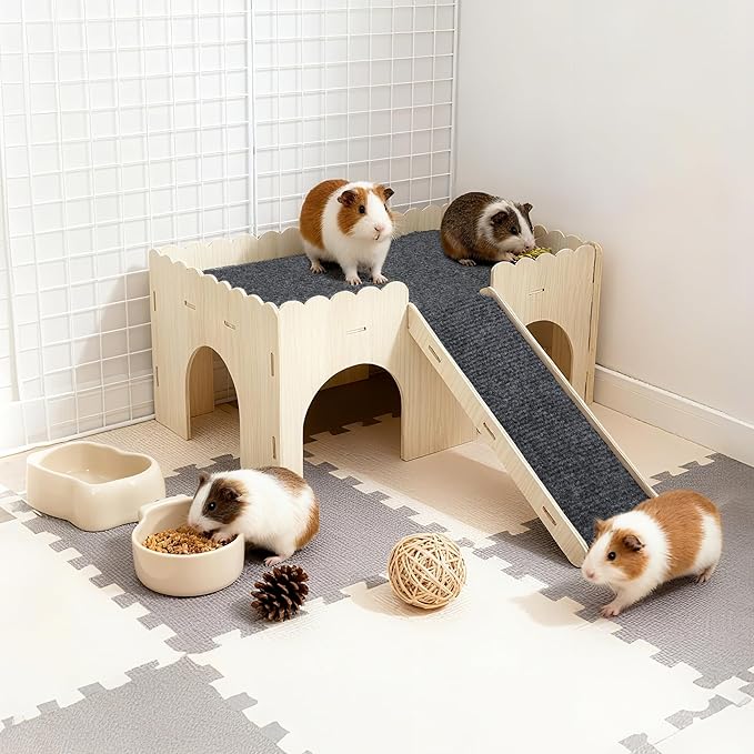 Guinea Pig Hideout, Wooden Small Animal Castle Habitat with Stairs, Hamster Bunny Chinchilla Hideaway Hut for Playing Hiding, Beige, Black, 1 Set