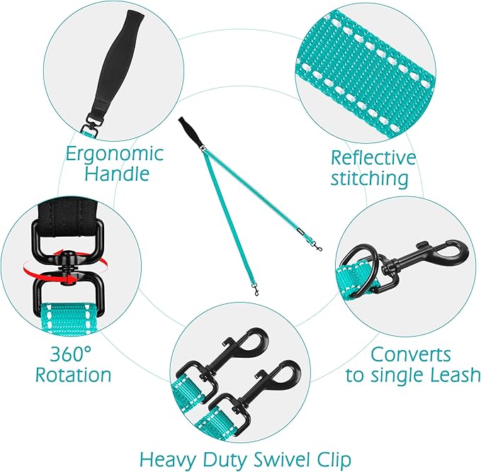 PetBonus Two Point Control Dog Leash, Works with No Pull Harnesses, No Tangle Training Leashes, Soft Padded and Reflective Walking Lead, Converts to Single Lead for Medium Large Dogs (Turquoise)