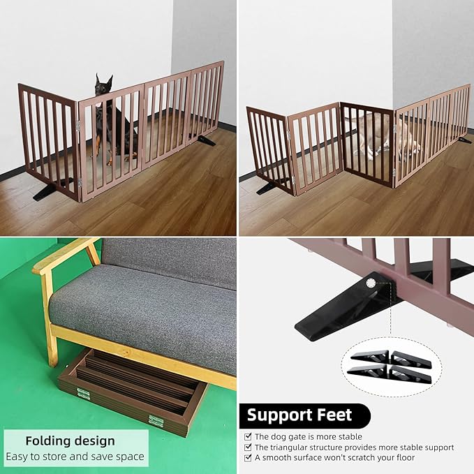 ZJSF Freestanding Indoor Dog Gate for House Foldable Wood Puppy Gate for Doorways Pet Gate for Stairs Extra Wide Pet Fence, Brown, 24" Height 3 Panels