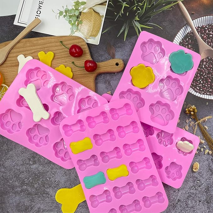 Dog Baking Supplies - Silicone Molds, Stainless Steel Puppy Paw Bone House Cookie Cutters, with 100 Pieces Dog Treat Bags for Homemade Chocolate, Candy, Jelly, Ice Cube, Doggie Treats