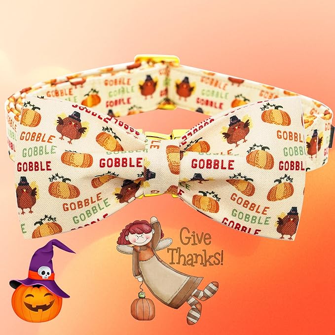 Dog Collar, Thanksgiving Turkey Pet Collar Bow Holiday Girl Boy Bow Dog Collars Puppy Collar Adjustable for X-Small Dogs