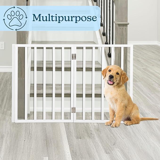 Pet Gate - 3-Panel Indoor Foldable Dog Fence for Stairs, Hallways or Doorways - 54x24-Inch Retractable Wood Freestanding Dog Gates by PETMAKER (White)