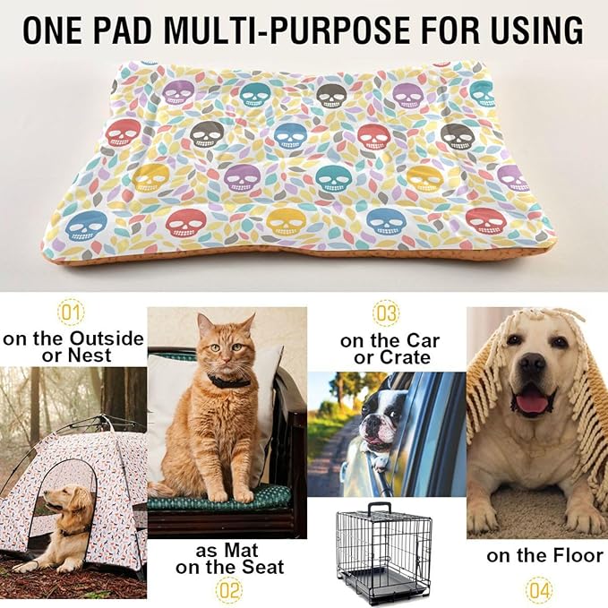 Pet Bed Skull Colorful Cartoon Dog Bed Mat Absorbing Non Slip Pad Pet Sleeping Mat for Small, Medium, and Large Dogs Puppy Cat 36 in x 24 in