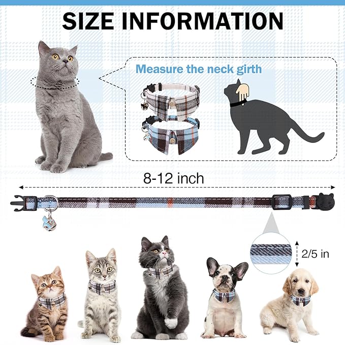 Cat Collar with Bells Breakaway, Shirt Cat Collar for Girl Boy Cats with Removable Bow Tie Collar, 2 Pack Cute Plaid Kitten Collar Bowtie for Female Male Puppy Pets Safety Adjustable