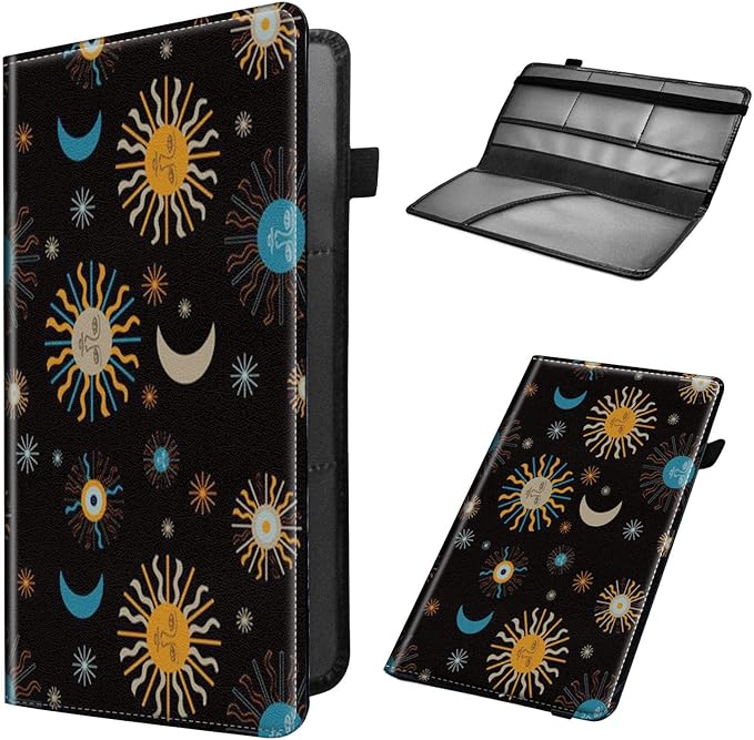 Car Registration and Insurance Holder, Leather Car Glove Box Organizer, Cool Car Accessories for ID, Driver's License Cards & Essential Document, Business Cards, Men&Women,Moon Sun